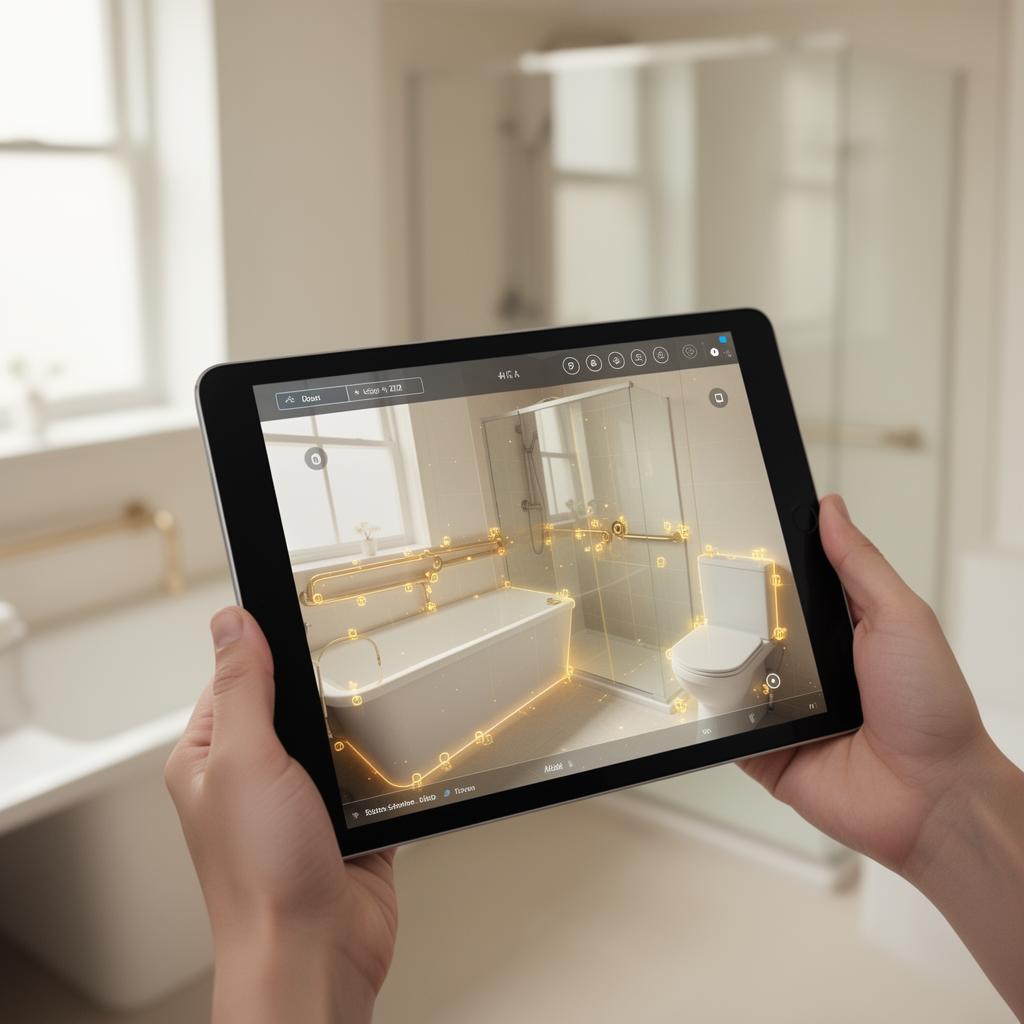 Tablet scanning a bathroom and highlighting recommended grab bar placement zones