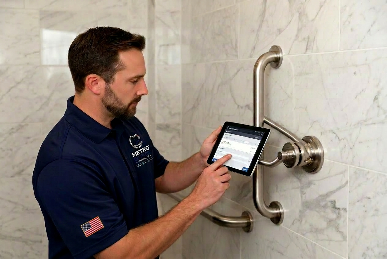 Metro Detroit Grab Bars technician using a tablet to verify grab bar mounting strength