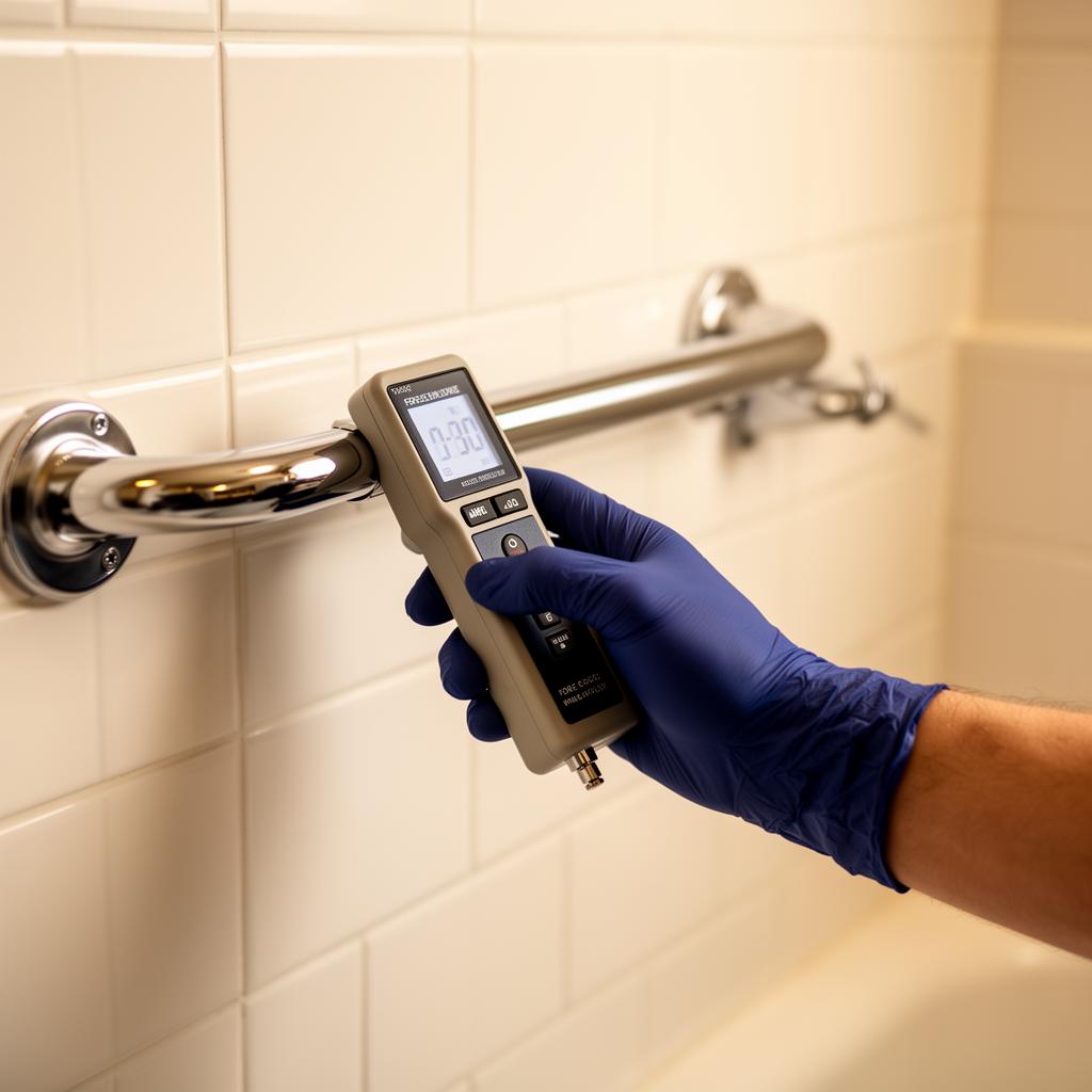 Digital force gauge testing the strength of an installed chrome grab bar