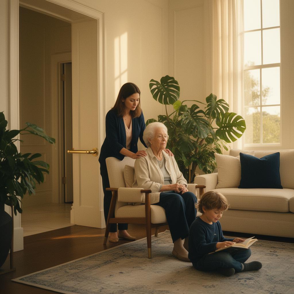 A multigenerational family in a sunlit living room — grandmother in a linen chair, daughter beside her, grandchild reading on the rug, with a tasteful brass grab bar visible in the adjacent hallway